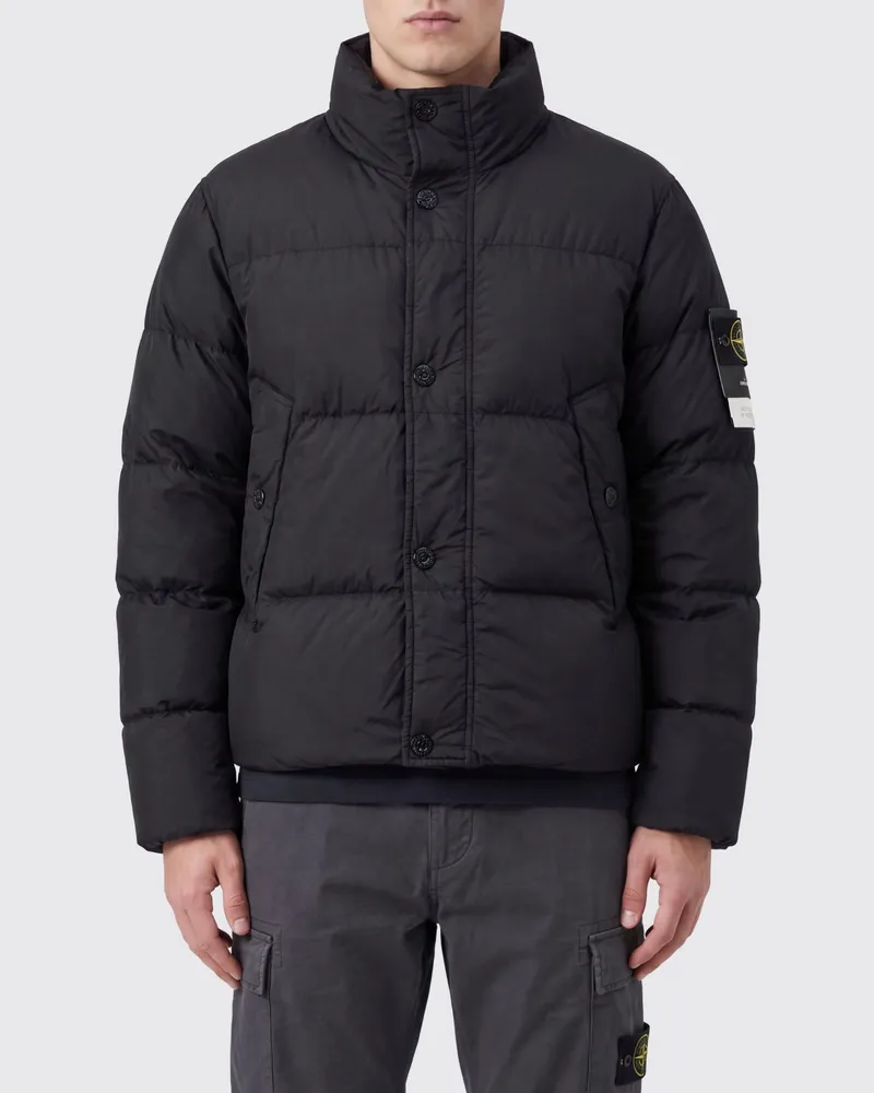 Stone Island Kurze, gesteppte, wasserabweisende Nylon-Daunenjacke mit Logo Schwarz