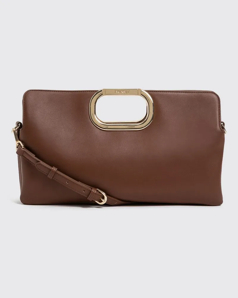Twin-Set Clutch aus Kunstleder mit starrem Griff und Schultergurt Braun