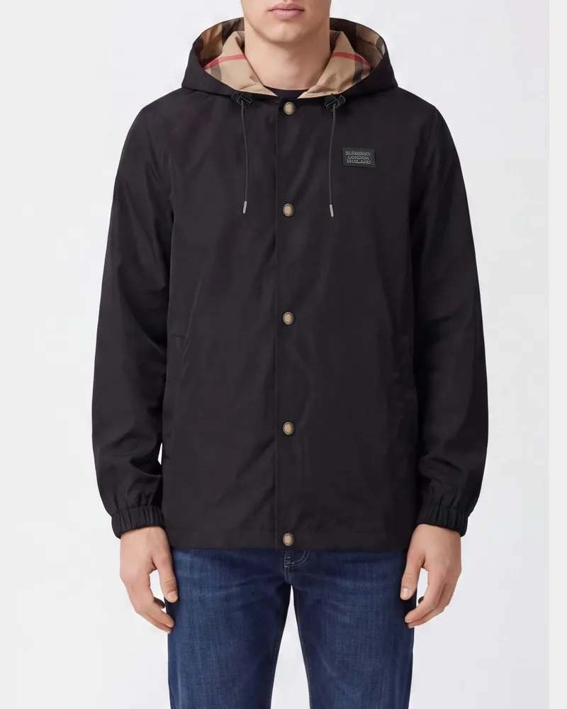 Burberry Windbreaker-Jacke aus technischem Gewebe mit Kapuze und Kontrastlogo Schwarz