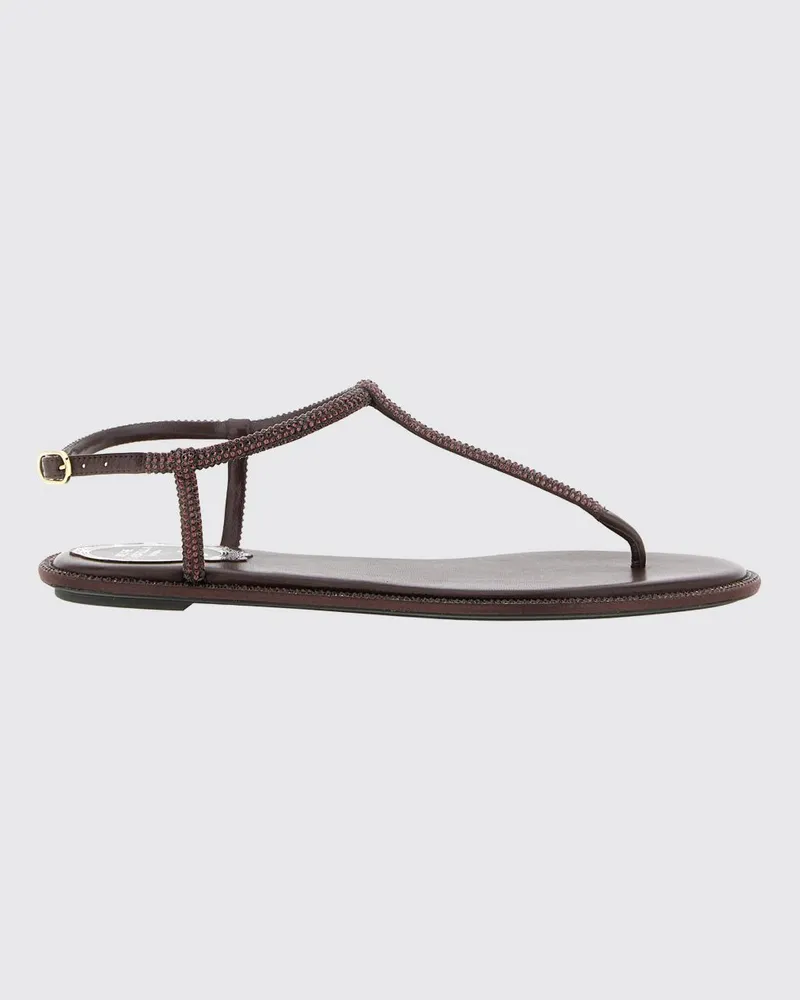 René Caovilla Diana flache Zehentrenner-Sandalen aus Leder mit Kristallapplikation Braun