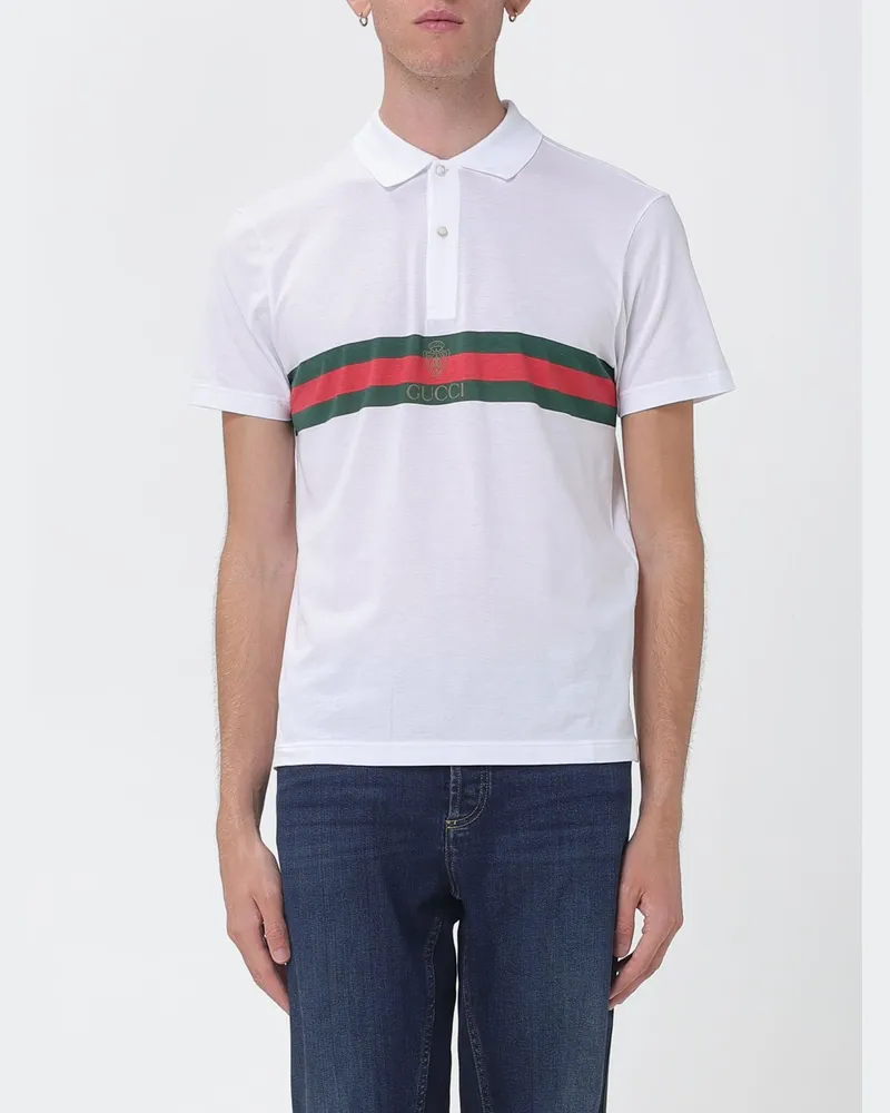 Gucci Kurzärmeliges Poloshirt aus Baumwolle mit Web-Kragen-Detail Weiß