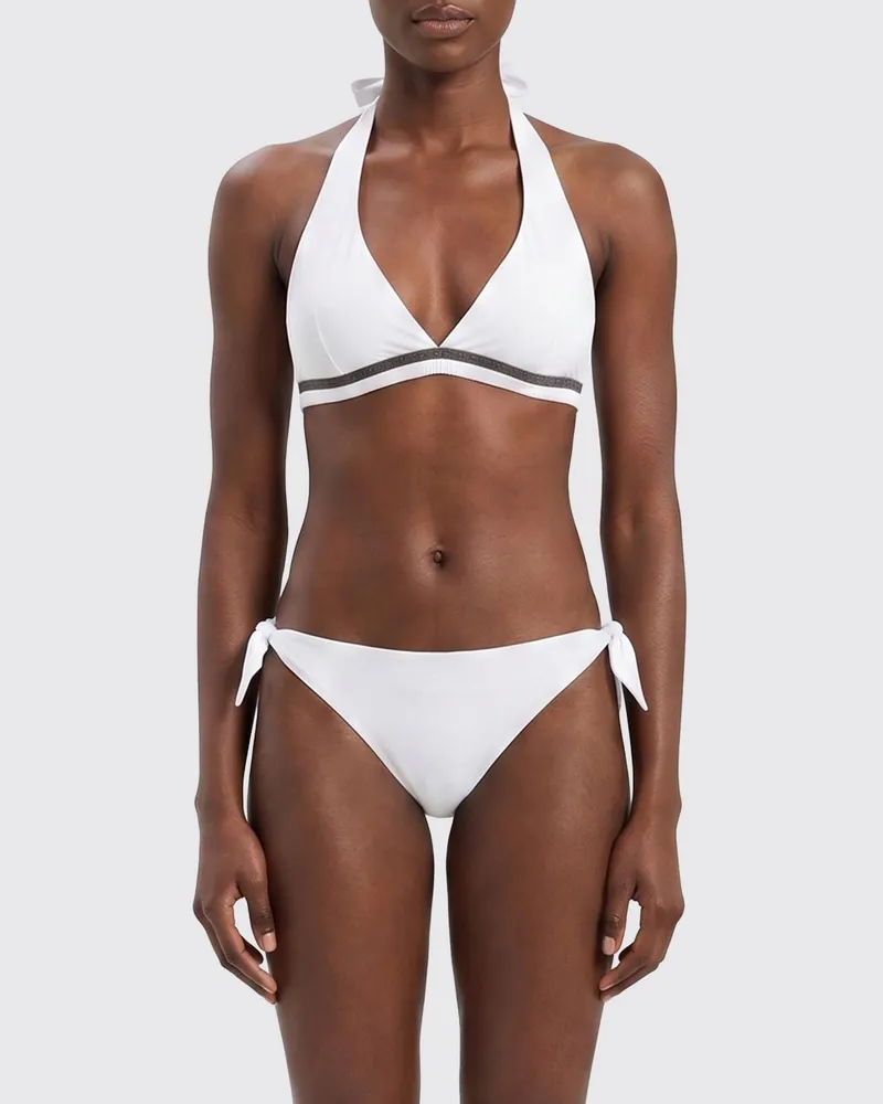 Brunello Cucinelli Triangel-Bikini-Oberteil mit V-Ausschnitt und Monili-Schmuck Weiß