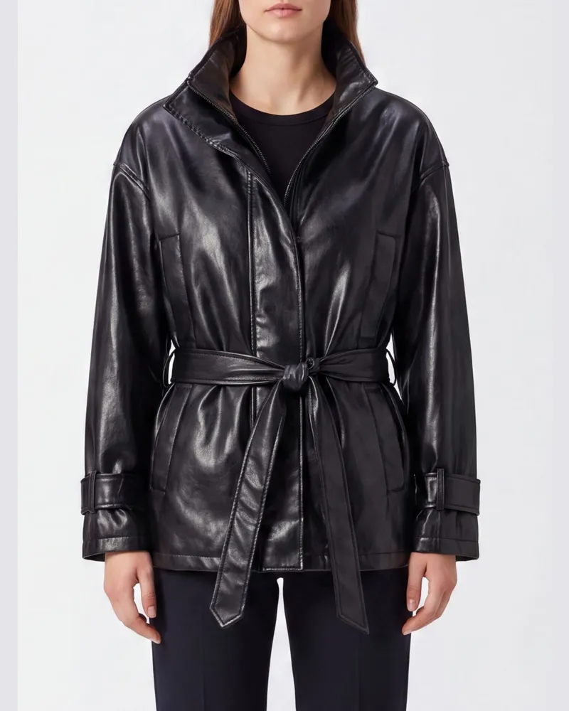 Federica Tosi Kurze Lederjacke mit Trichterkragen und Taillen-Bindegürtel Schwarz
