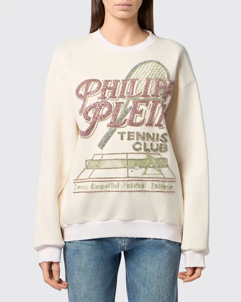 Philipp Plein Relaxed-Fit Sweatshirt Tennis Club von mit U-Ausschnitt hinten und Strass-Logo Weiß
