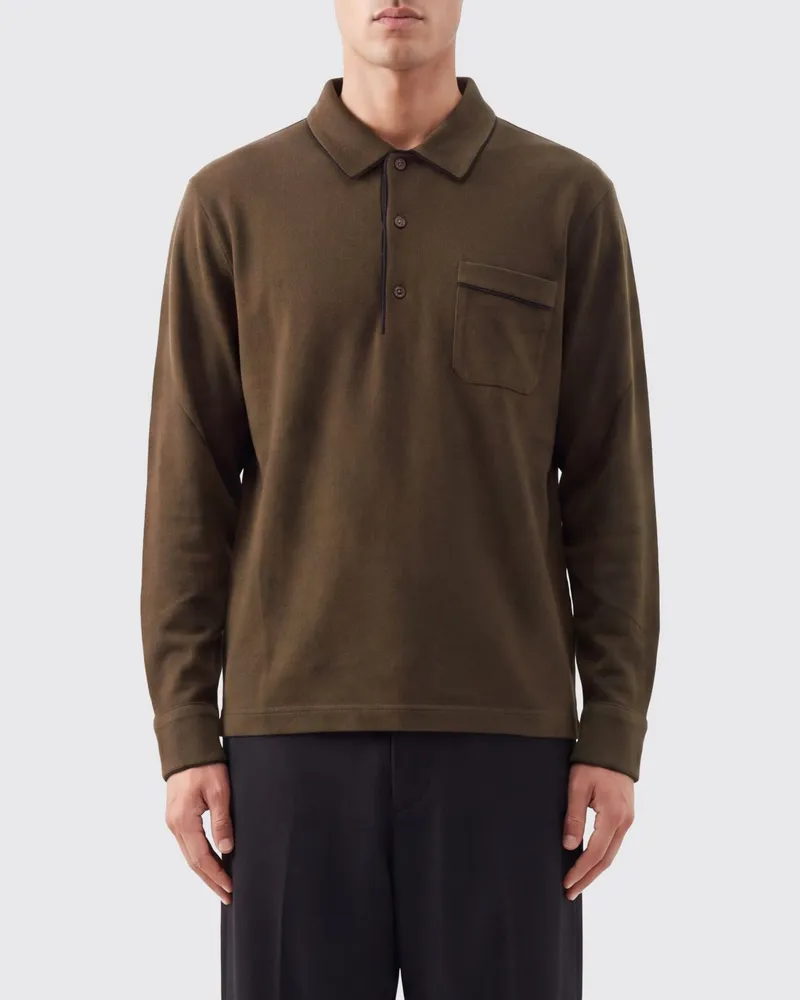 Tom Ford Langärmeliges Poloshirt von aus Seide und Baumwolle mit aufgesetzter Tasche Braun