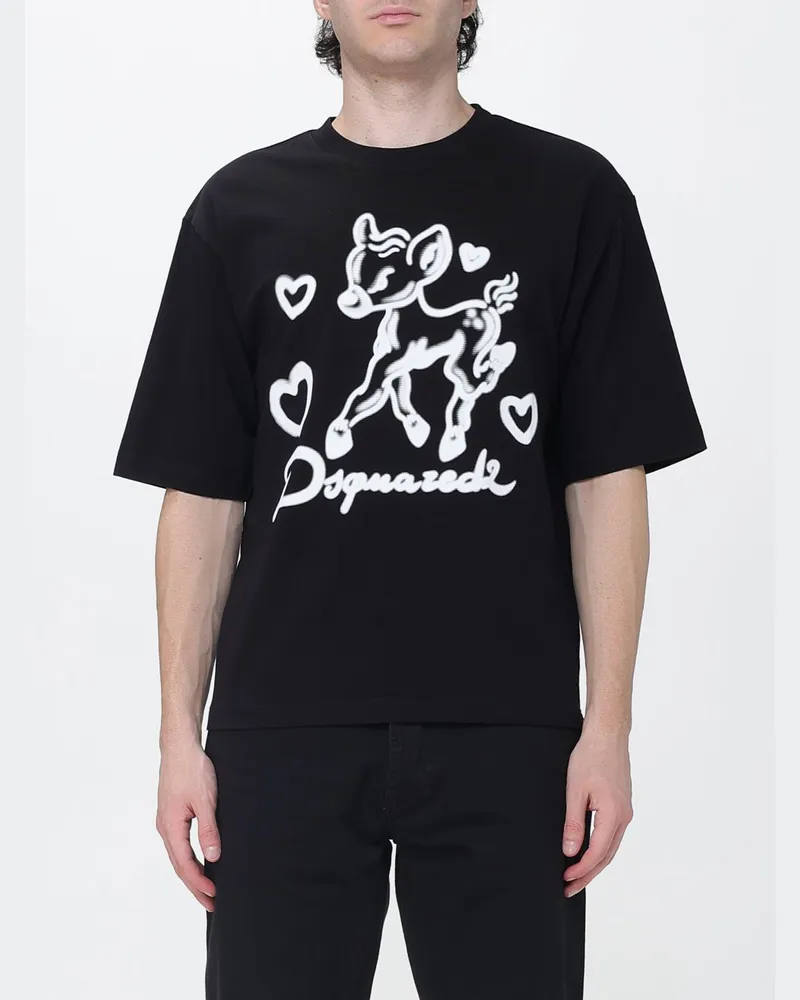 Dsquared2 Kurzärmeliges Baumwoll-T-Shirt mit kontrastierendem Grafikdruck Schwarz