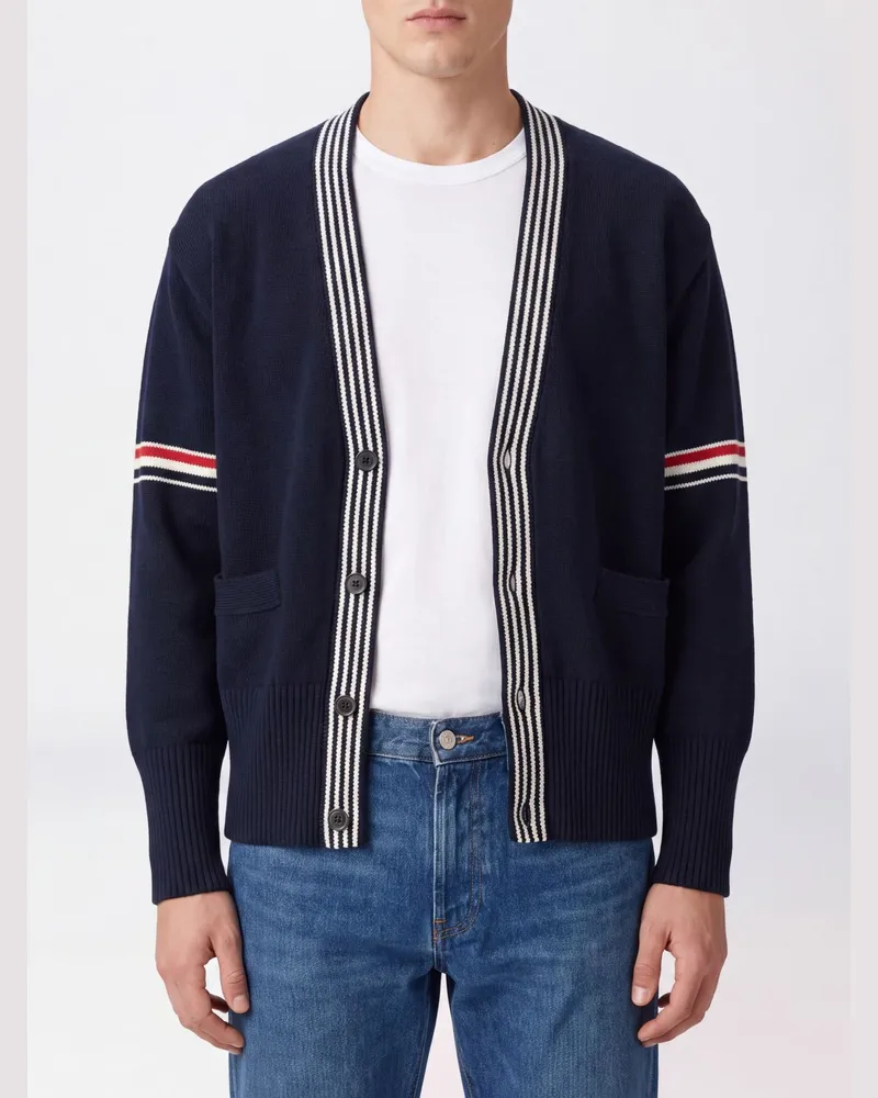 Thom Browne V-Ausschnitt-Cardigan aus Baumwolle mit charakteristischem Bar-Streifendetail Blau