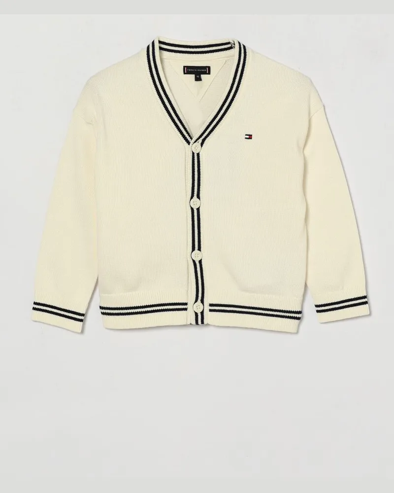 Tommy Hilfiger Jungen-Cardigan aus Baumwolle mit V-Ausschnitt und Flag-Logo Weiß