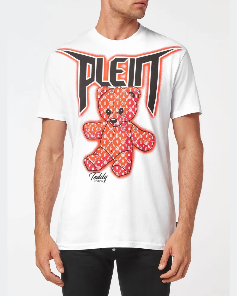 Philipp Plein Rundhals-T-Shirt aus Baumwolle mit kontrastierendem Teddybär-Print Weiß