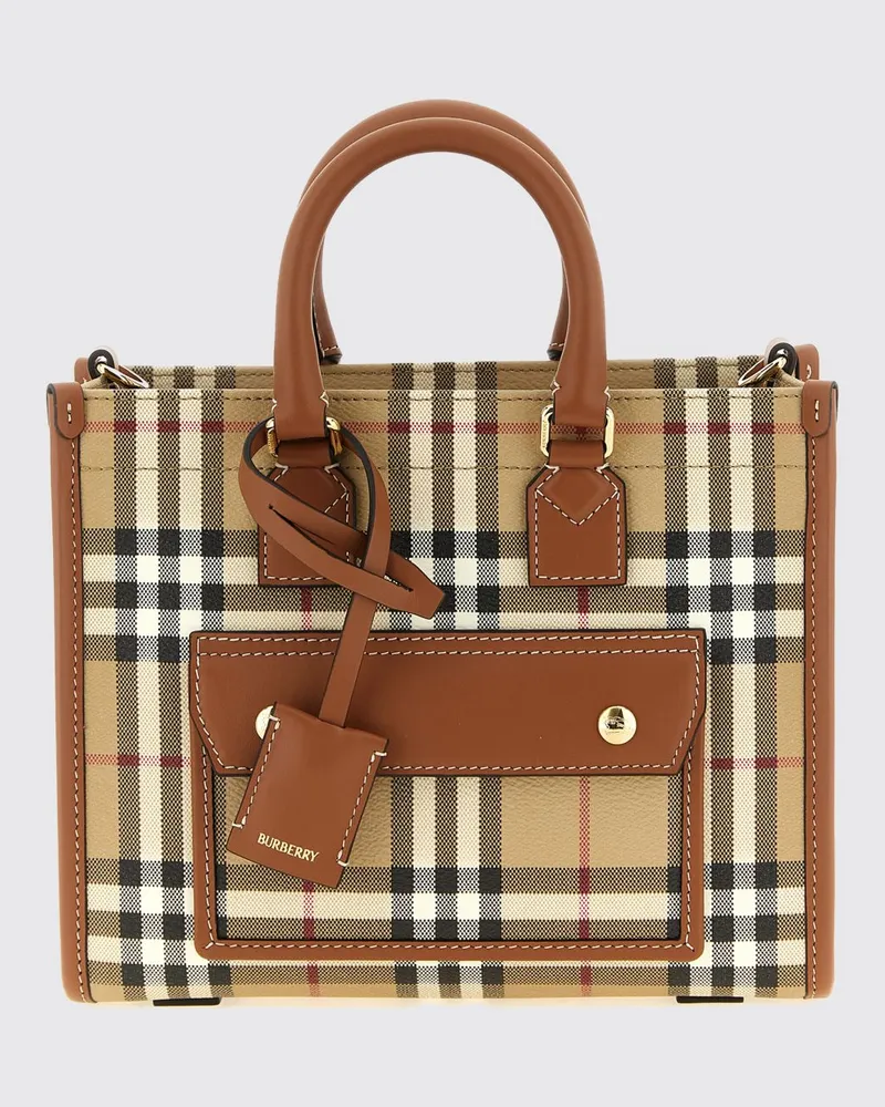 Burberry Mini Freya Tote-Bag aus beschichteter Baumwolle mit Vintage-Check und Lederdetails Beige