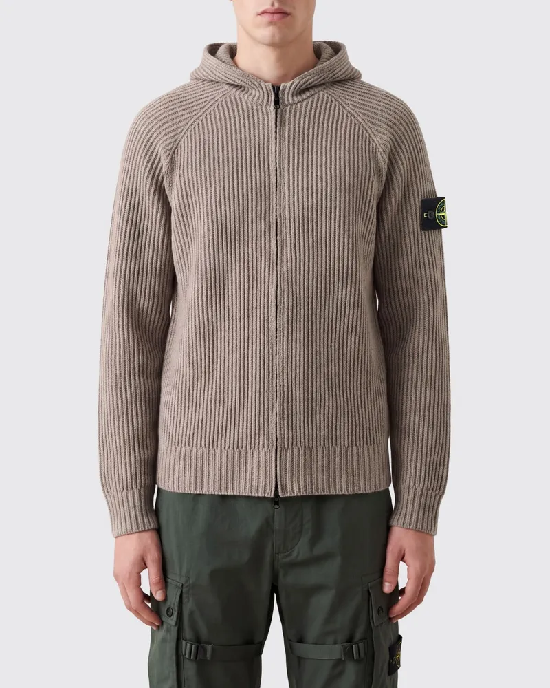 Stone Island Kapuzen-Cardigan aus Kaschmir mit Reißverschluss und Compass-Logo-Patch Biscuit