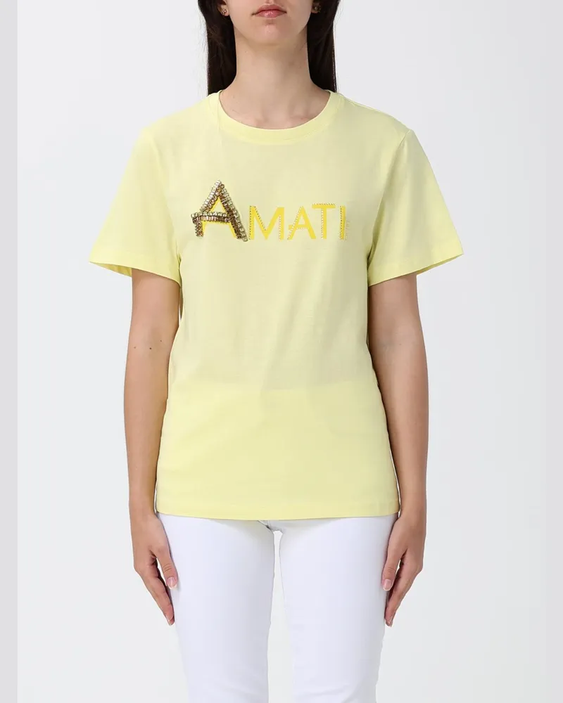 Liu Jo Baumwoll-T-Shirt mit gesticktem Logo und Strasssteinen Zitronengelb