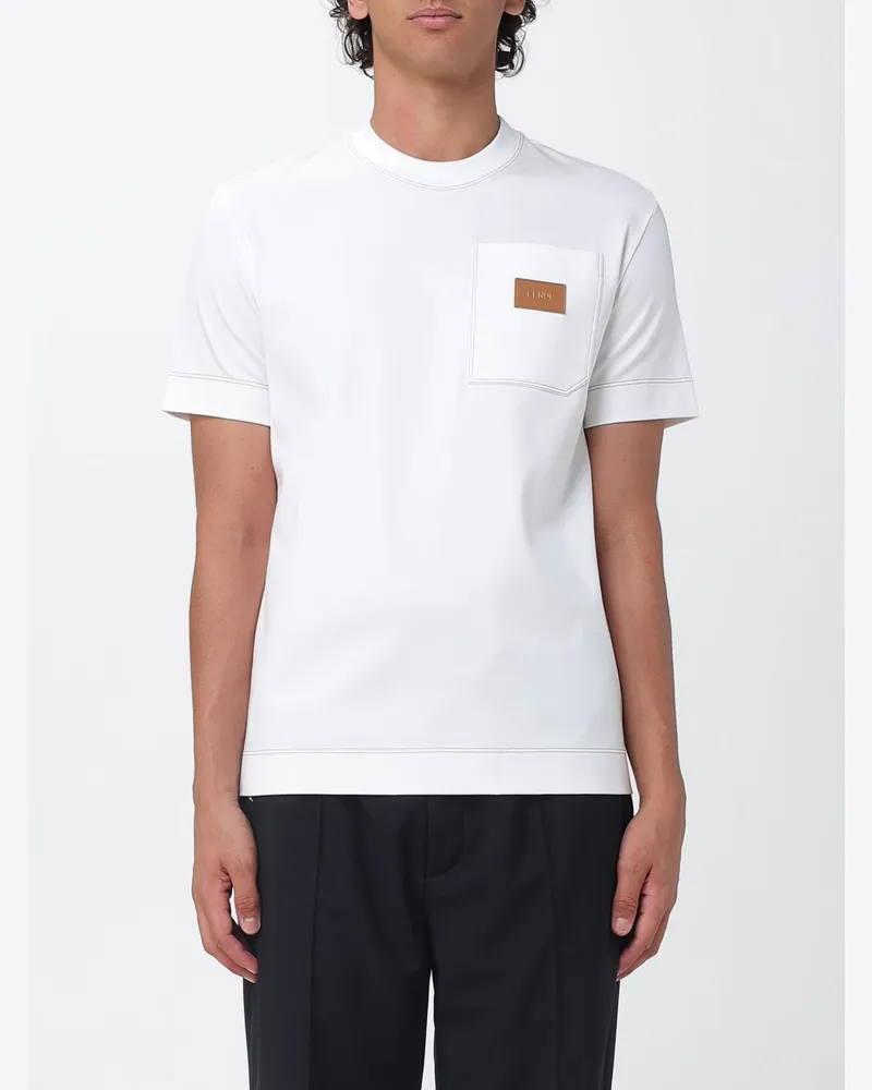 Fendi T-Shirt aus Baumwolle mit aufgesetzter Tasche und appliziertem Logo Blau