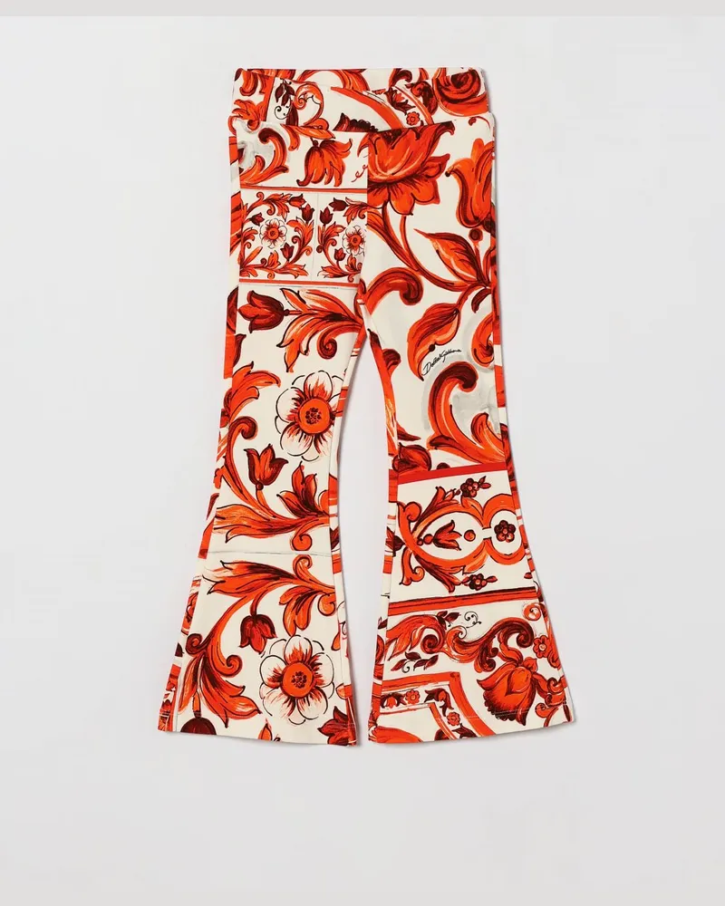 Dolce & Gabbana DOLCE  GABBANA Dolce & Gabbana Ausgestellte Leggings für Mädchen aus Stretch-Baumwolle mit Majolika-Print Orange