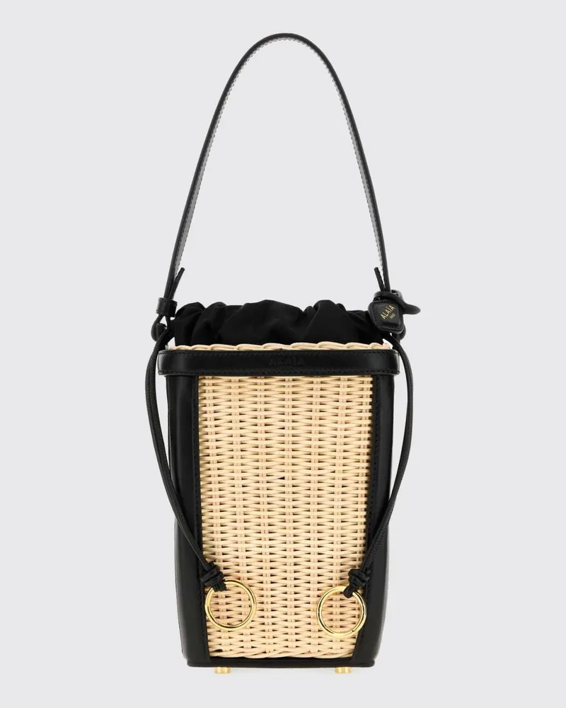 Alaïa Mini Bucket Bag aus Korbgeflecht und Leder mit Kordelzug Schwarz