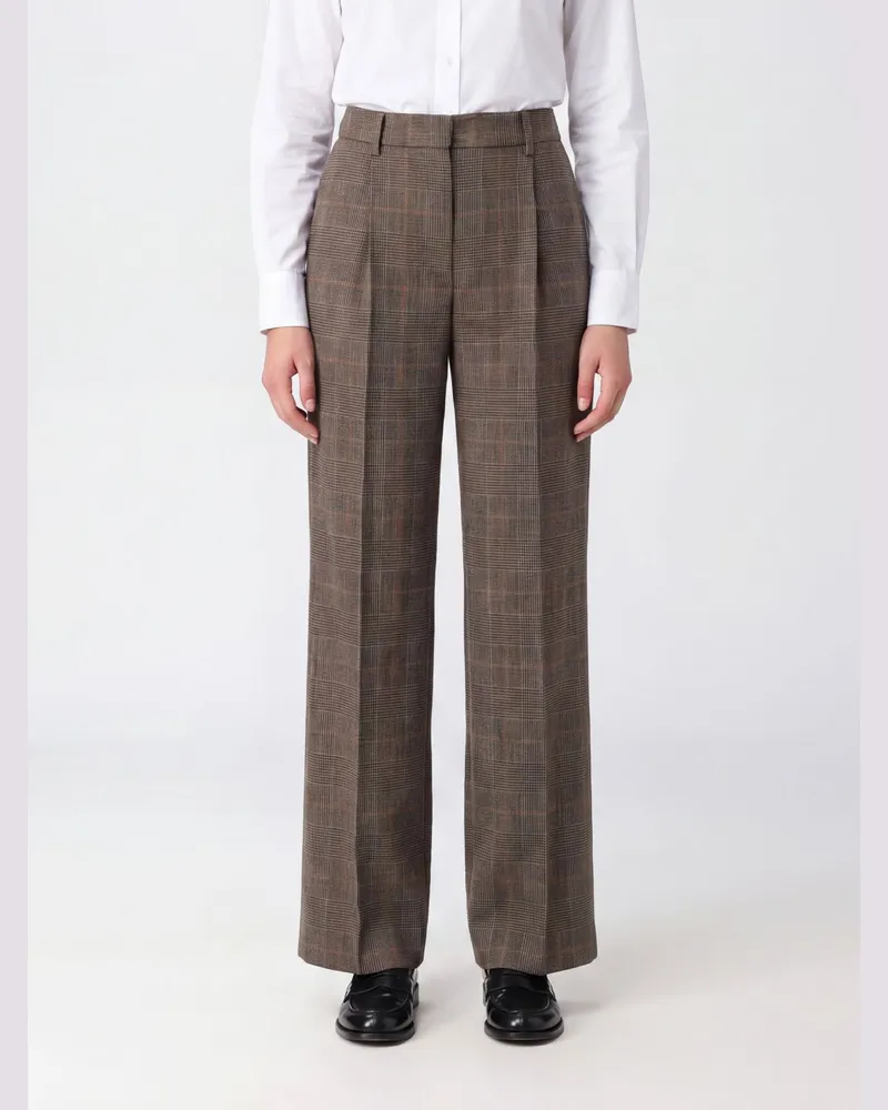 PT TORINO Wide-Leg-Hose aus Wolle mit Prince-of-Wales-Karo und Bundfalten mit hoher Taille Braun