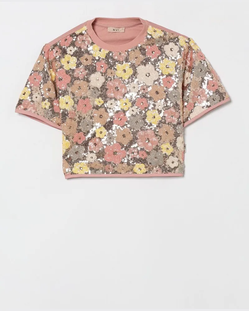 N° 21 T Shirt mit Blumen Pailletten Pink