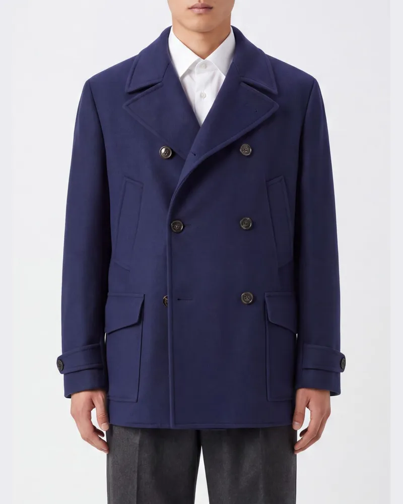 Brunello Cucinelli Zweireihiger Caban-Mantel aus reiner Merinowolle mit Revers Blau