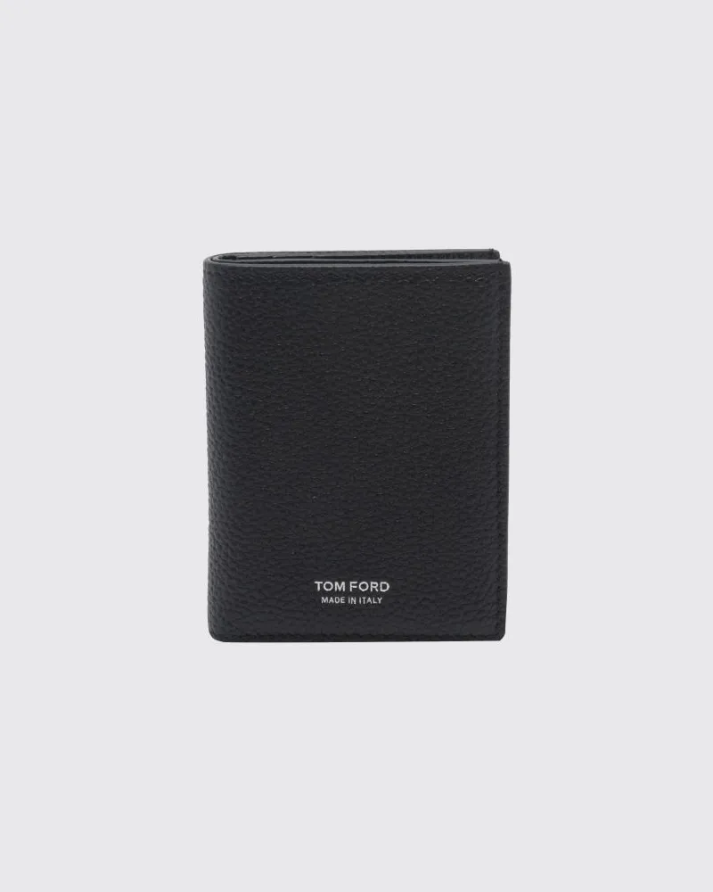 Tom Ford T-Line Bifold-Kartenetui aus genarbtem Kalbsleder mit laminiertem Logo Schwarz
