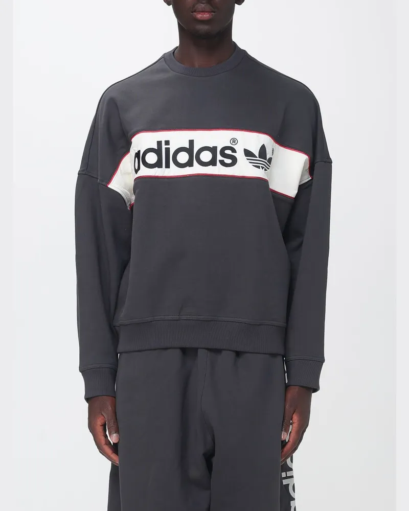 adidas Baumwollmisch-Sweatshirt mit Rundhalsausschnitt, Kontrastlogo und überschnittenen Schultern Schwarz