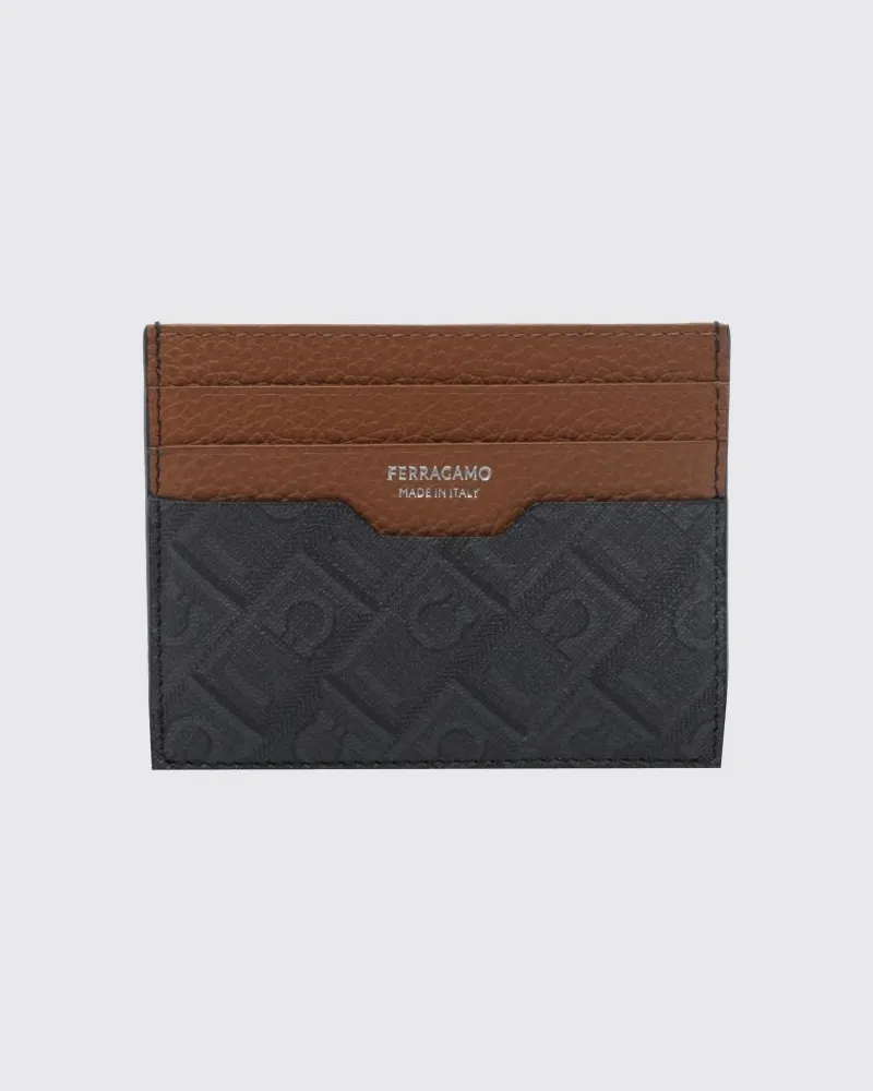 Ferragamo Flaches Kartenetui von mit Gancini-Muster aus Leder und beschichtetem Stoff Schwarz