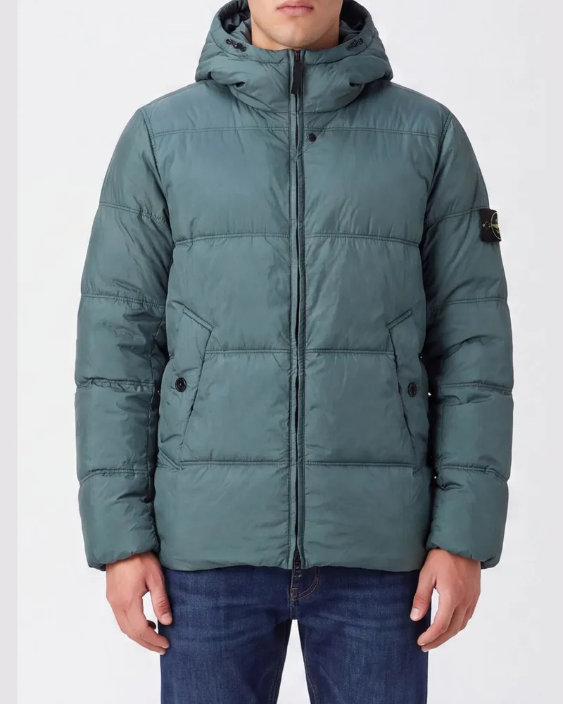 Stone Island wasserdichte Nylon-Daunenjacke mit Kapuze und Compass-Logo Olive