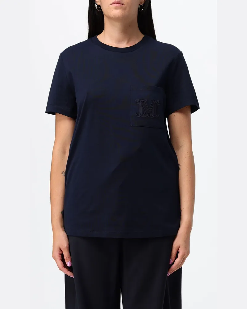 Max Mara Baumwoll-T-Shirt mit Monogramm und aufgesetzter Tasche Blau