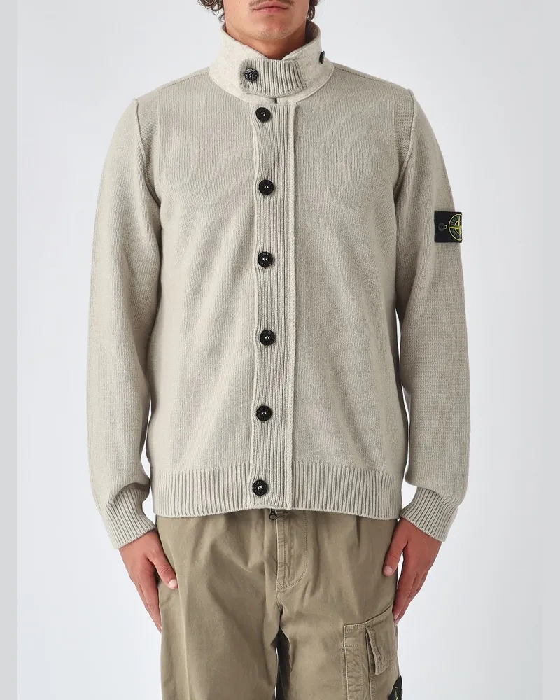 Stone Island Strickjacke aus Schurwollmischung mit Stehkragen und Logo-Patch Sand