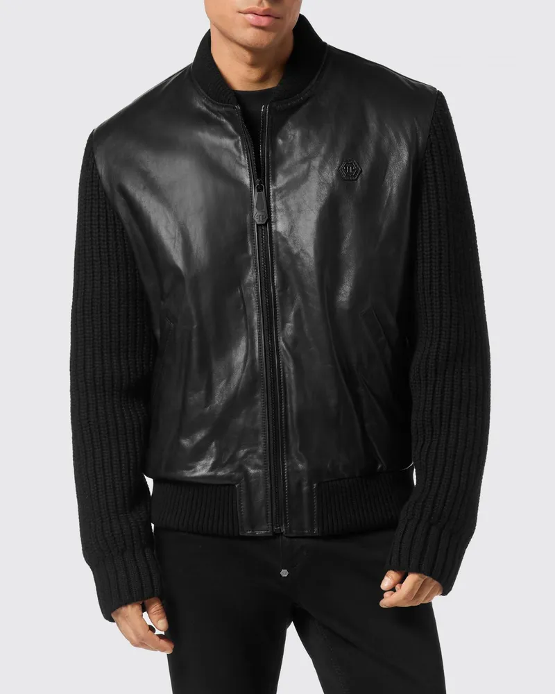 Philipp Plein Bomberjacke aus gerippter Wolle mit Kalbslederärmeln und Hexagon-Logo Schwarz