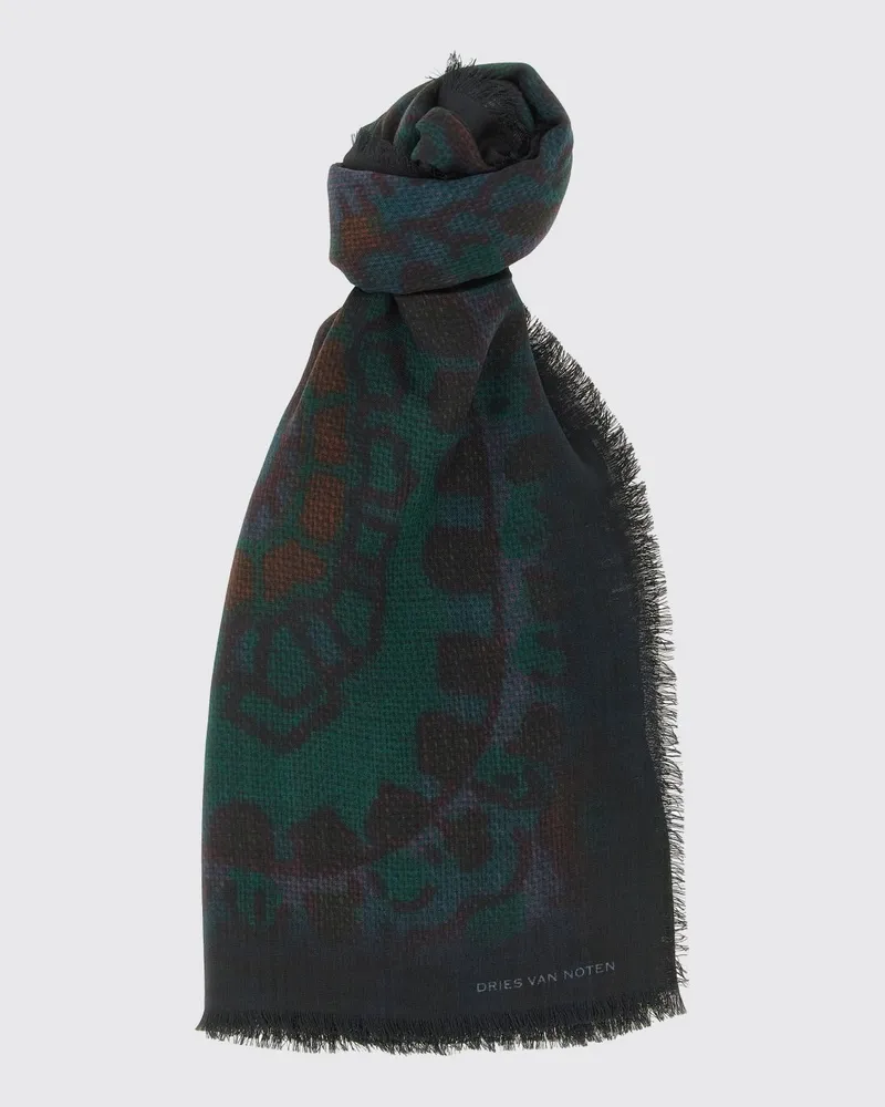 Dries van Noten Wollschal aus reiner Wolle mit Ethno-Print und Fransensaum Grün