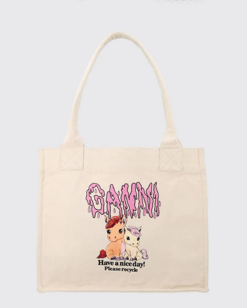 Ganni Tote-Bag aus recycelter Baumwolle von mit doppeltem Henkel und Logo Weiß