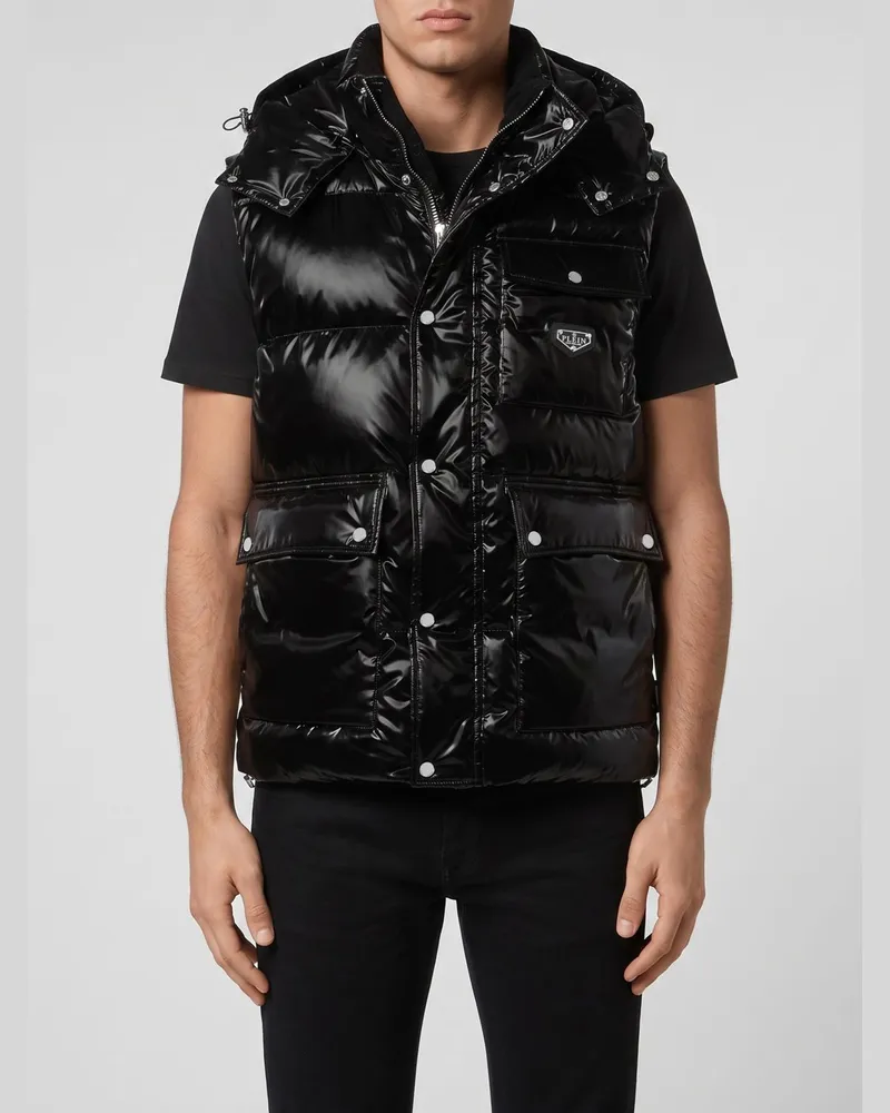 Philipp Plein Wattierte Weste aus gestepptem Funktionsstoff mit Kapuze und Taschen Schwarz