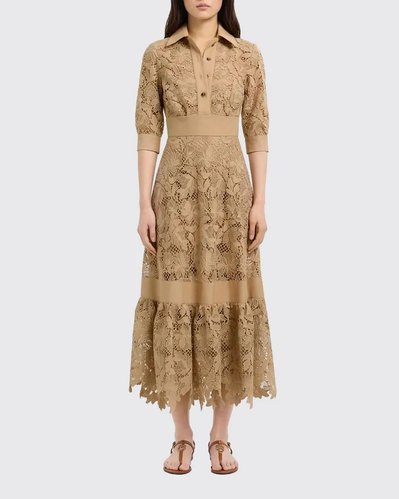 Elie Saab Midi-Hemdblusenkleid aus Makramee-Spitze mit kurzen Ärmeln Beige