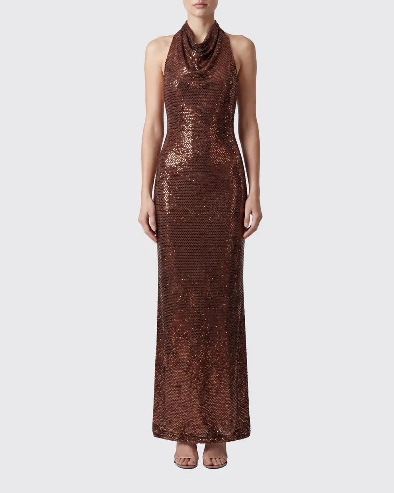 Self-Portrait Langes Abendkleid mit Strass und Neckholder-Ausschnitt Braun