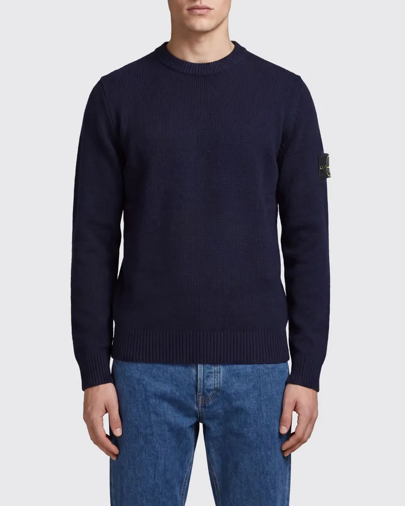 Stone Island Rundhalspullover aus Schurwolle mit Compass-Logo-Patch Navy