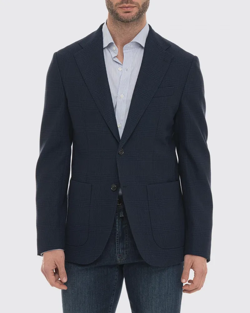Fay Einreihiger Blazer aus Prince of Wales Wolle Blau