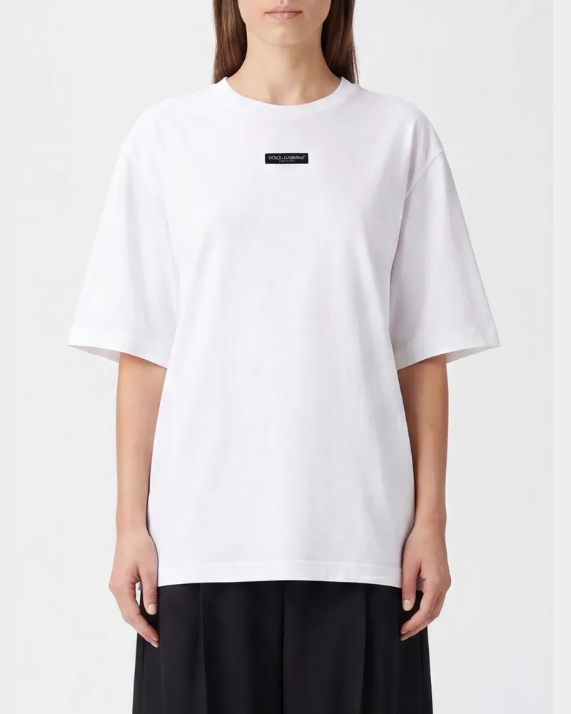 Dolce & Gabbana DOLCE  GABBANA Dolce & Gabbana Baumwoll-T-Shirt mit Rundhalsausschnitt, Kontrastlogo und überschnittenen Schultern Weiß