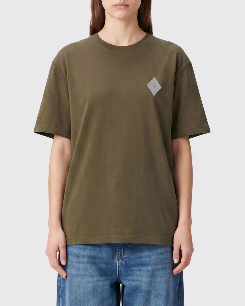 Amish Baumwoll-T-Shirt mit Kontrastlogo und überschnittenen Schultern Grün