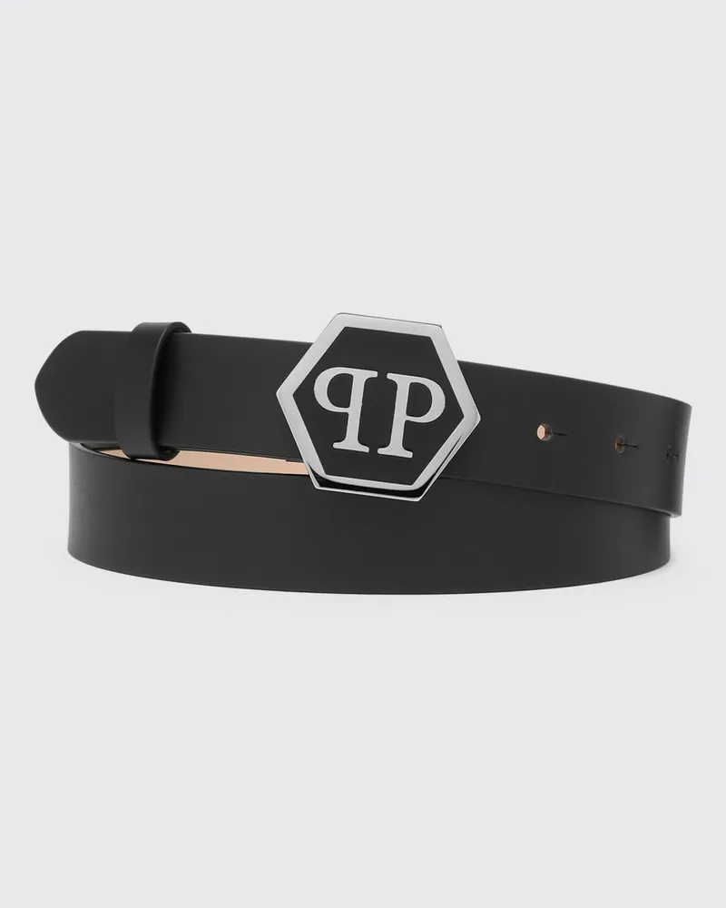 Philipp Plein Gürtel aus Glattleder mit Hexagon-Monogramm-Schnalle Schwarz