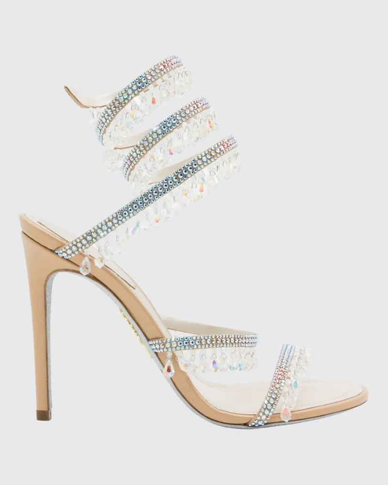 René Caovilla Chandelier Ledersandalen mit Kristallen und Stilettoabsatz Beige