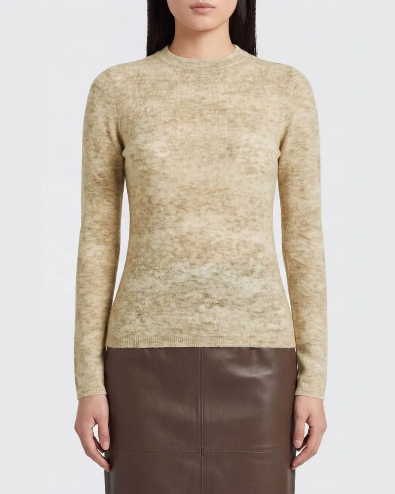 Brunello Cucinelli Schmal geschnittener Pullover mit Rundhalsausschnitt aus durchbrochenem Strick in Seiden-Woll-Mischung Beige
