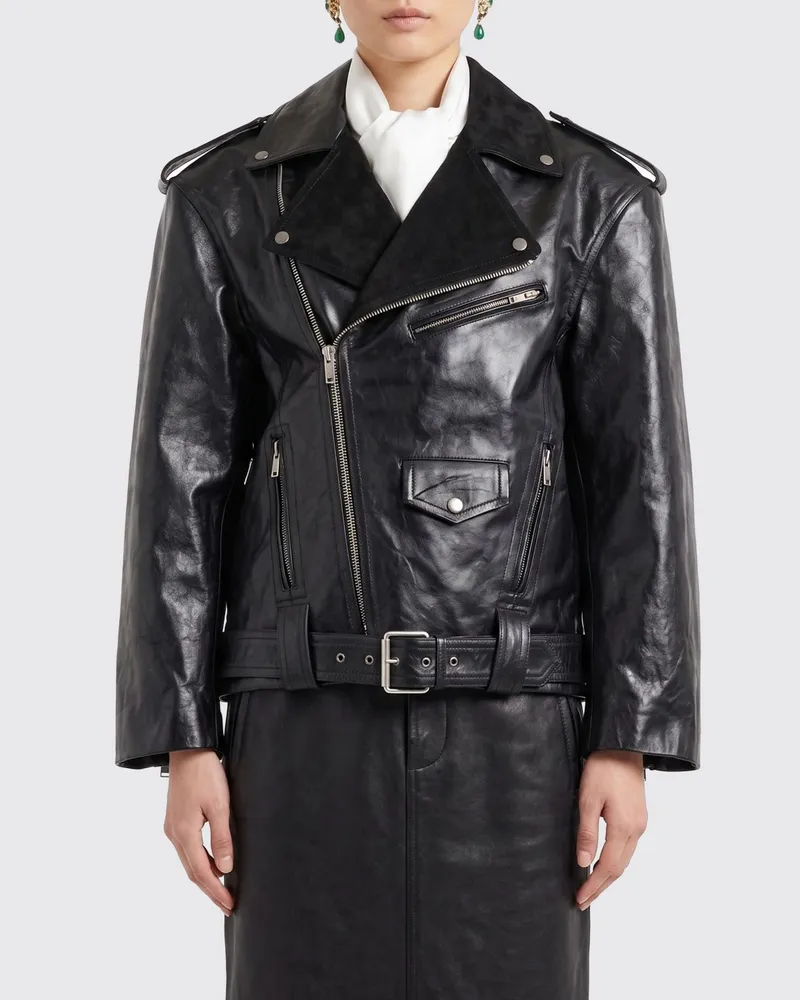 Saint Laurent Bikerjacke aus glattem Kalbsleder von mit asymmetrischem Reißverschluss Schwarz