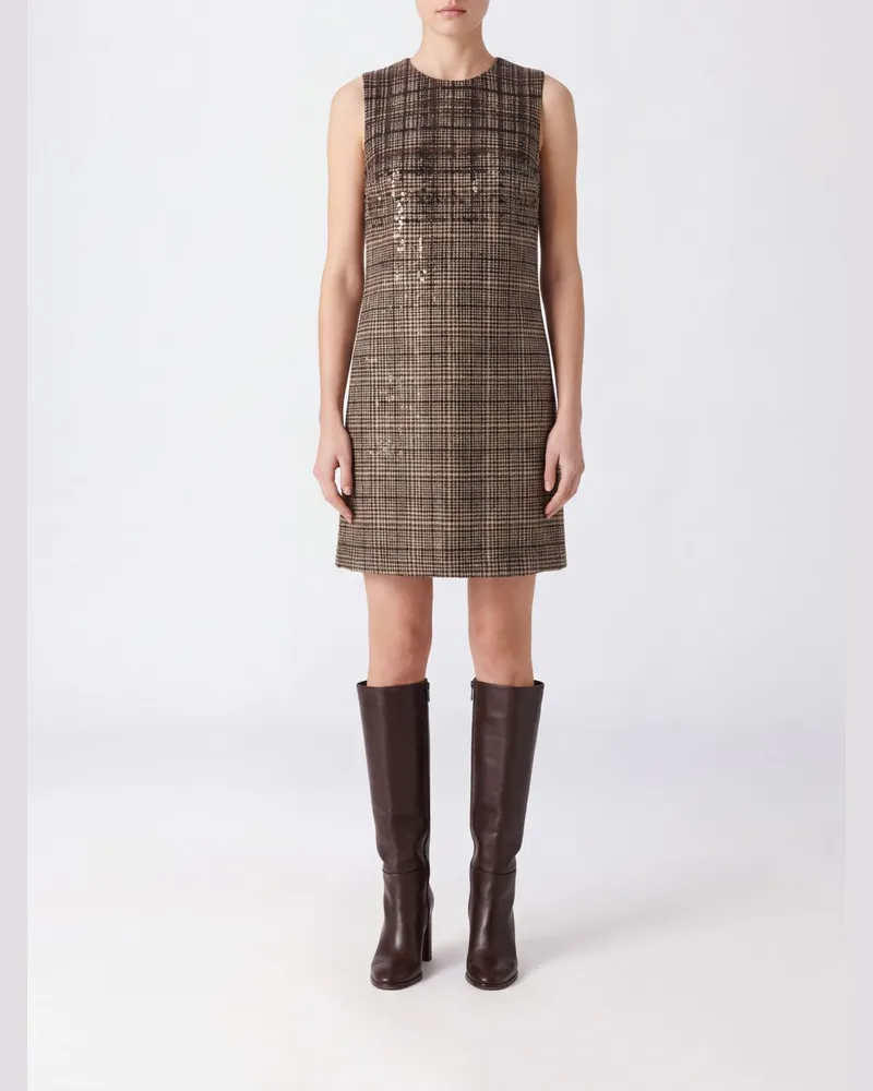 Brunello Cucinelli Mini-Etuikleid aus Wolle und Alpaka mit Karomuster und Pailletten Braun