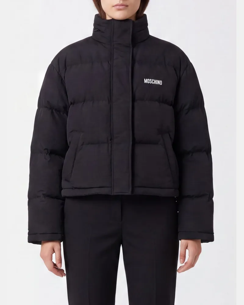 Moschino Kurze Stepp-Daunenjacke aus Nylon mit Grafik-Print Schwarz