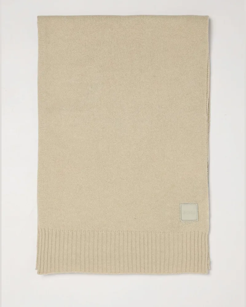 HUGO BOSS Rechteckiger Schal aus Wolle und Baumwolle mit gerippten Kanten und Logo Beige