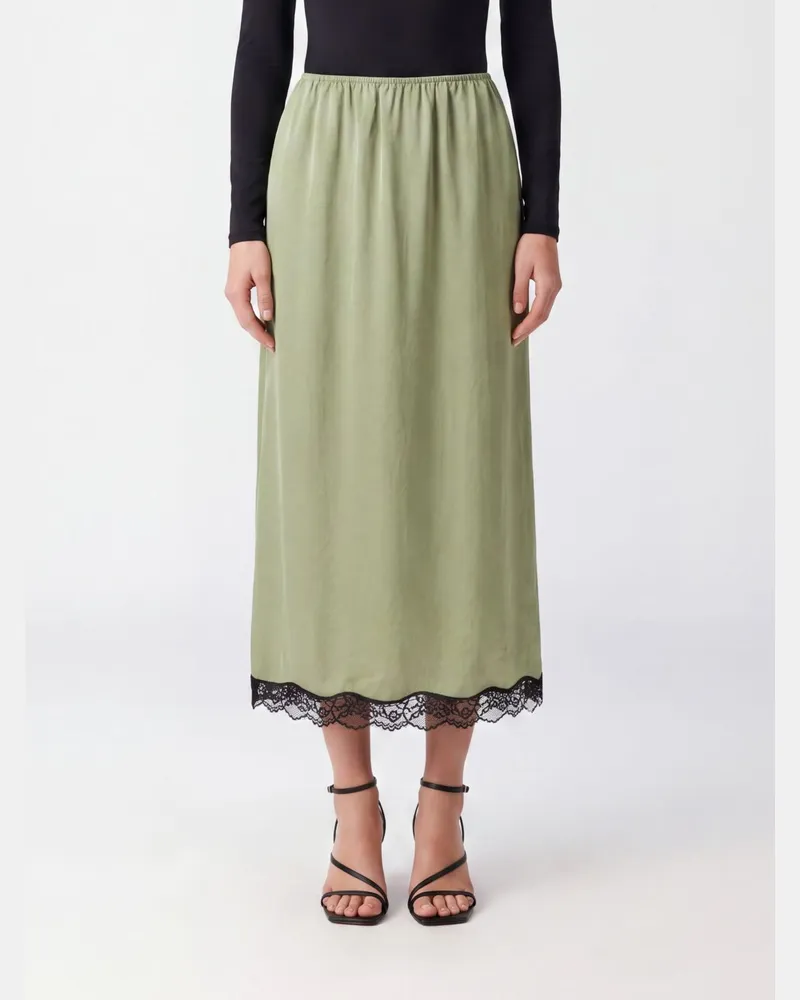 Twin-Set A-Linien-Satin-Midirock mit Spitzeneinsätzen und hoher Taille Grün
