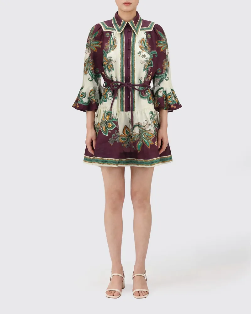 ALEMAIS Mini-Hemdblusenkleid aus Leinen von mit Ethno-Print und Ballonärmeln Bunt
