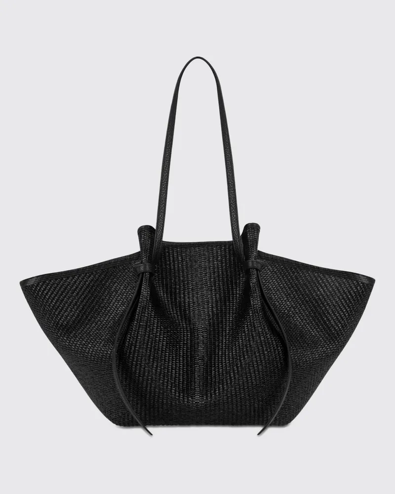 YUZEFI Mochi Schultertasche aus schwarzer Raffia mit doppelten Ledergriffen Schwarz