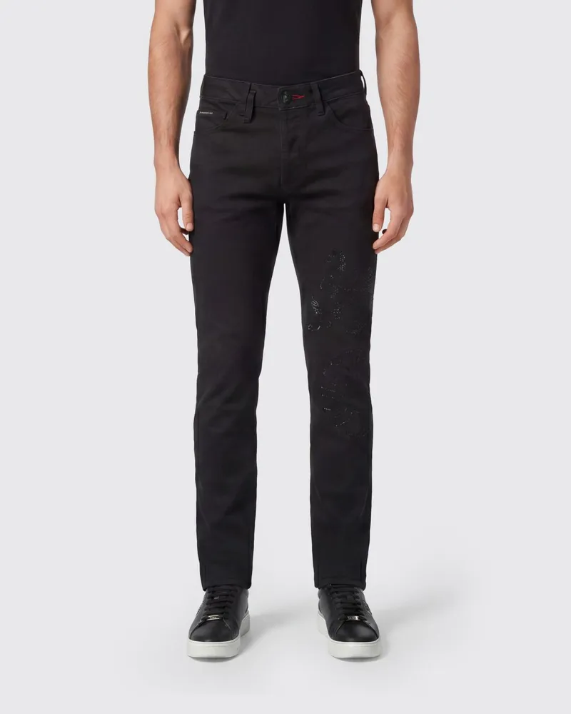 Philipp Plein Skinny-Fit Jeans Dragon Strass aus Baumwolldenim mit Stickerei Schwarz