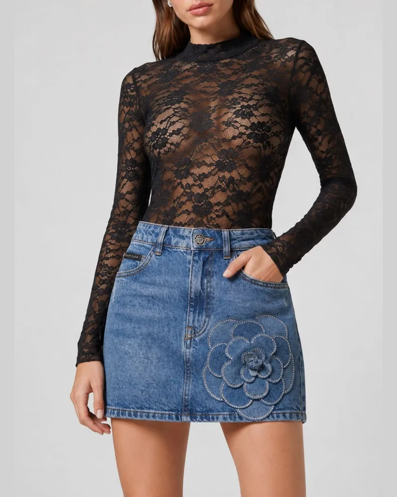 Philipp Plein Hoch taillierter Jeans-Minirock von mit Strasssteinen und Blumenapplikation Denim